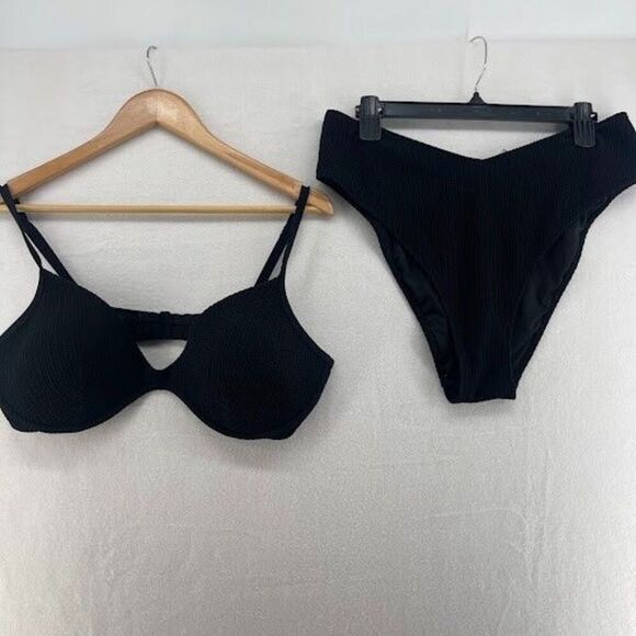 PINK by Victoria Secret Two Piece Bathing Suit Bikini Black Ribbed Size XL/36C - Picture 1 of 9